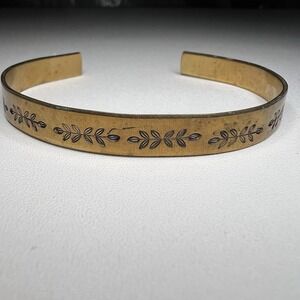 Vintage Copper Or Brass Cuff Bracelet‎ Engraved Leaf Pattern Open Design